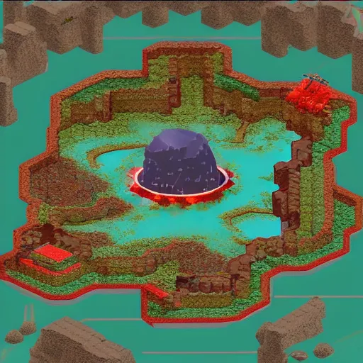 Prompt: isometric view of a colony on a lava planet, from a game made in 2006
