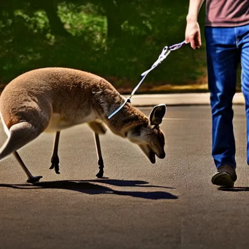 Image similar to Pete Davidson walking a kangaroo, 4k, photorealistic,