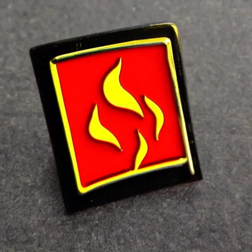 Prompt: a retro minimalistic rhombus shape enamel pin of a retro 1 9 8 0 s minimalistic flame fire warning label, smooth curves