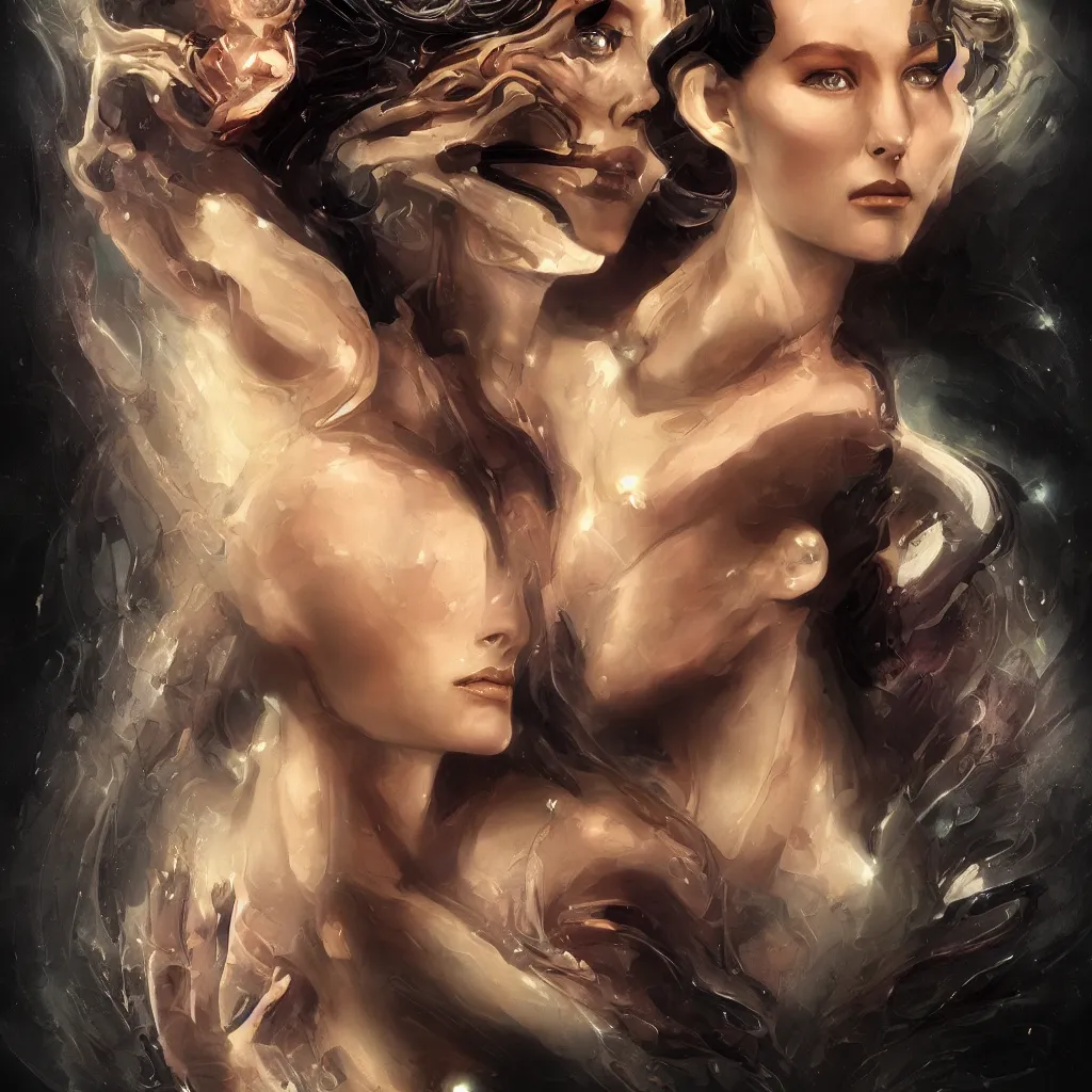 Image similar to a dramatic art nouveau edged bust portrait of a seductive alien space goddess, perfectly symmetrical facial features, beautiful confident eyes, photorealism, by adam hughes, frank frazetta and james cameron, sensual volumetric lighting, vray render, zbrush, artstation, deviantart, season of mist, blade runner, the matrix