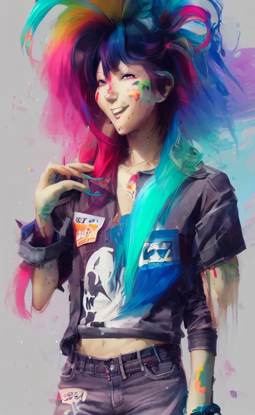 Image similar to a kawaii woman with rainbow hair smiling, kawaii shirt and jeans, In style of Yoji Shinkawa, wojtek fus, by Jordan Grimmer and greg rutkowski, concept art, highly detailed