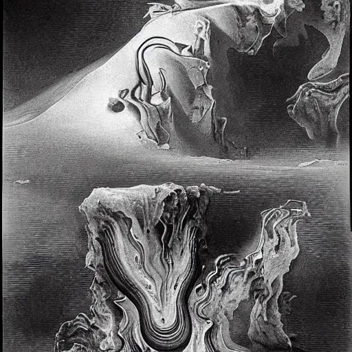 Prompt: Melting Watches by Salvador Dali and Gustave Doré,