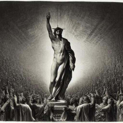 Prompt: the apotheosis of richard milhous nixon, an engraving by gustave dore and mark riddik