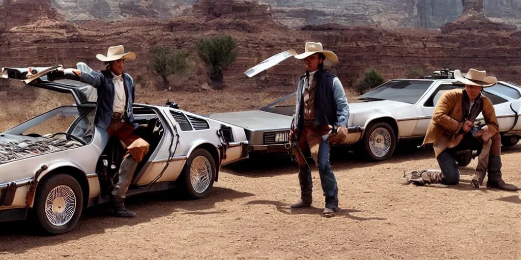 Image similar to a western movie once upon a time in the west with a delorean