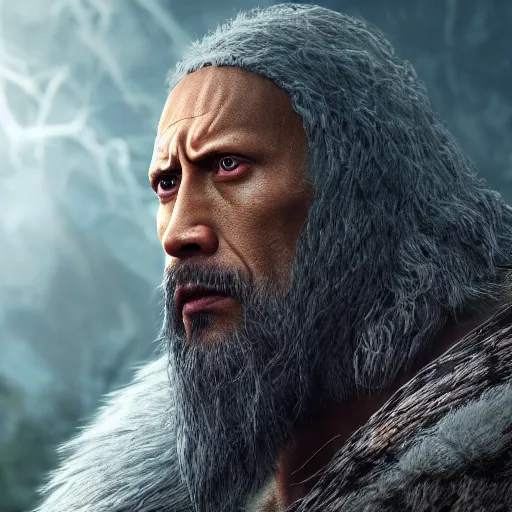 Image similar to a digital art close up portrait of pale demon dwayne johnson as ancient druid mage from dark souls, old witcher with long beard character sheet, 4 k, ultra detail, volumetric lighting, unreal engine, octane render