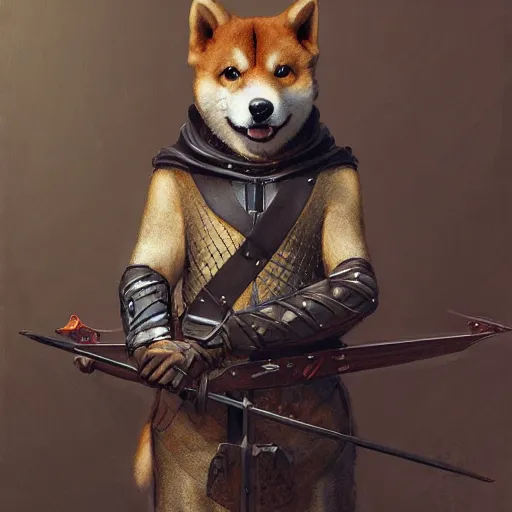 Image similar to anthropomorphic shiba inu, holding medieval crossbow aiming directly to camera, medieval armor, dark aura, fantasy, dark graveyard scene, portrait art by donato giancola and greg rutkowski, realistic face, digital art, trending on artstation, symmetry