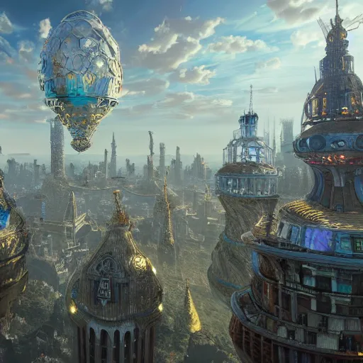 Image similar to enormous flying city in a faberge egg, sky, steampunk, fantasy art, masterpiece, unreal engine