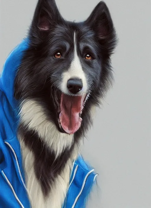 Image similar to beautiful portrait of a cute male anthropomorphic border collie fursona wearing a blue tracksuit in idaho. by charlie bowater, henry asencio, and ross tran. scenic background, detailed, concept art, detailed hands, glamor pose, aesthetic, trending on artstation, top rated on furaffinity and deviantart