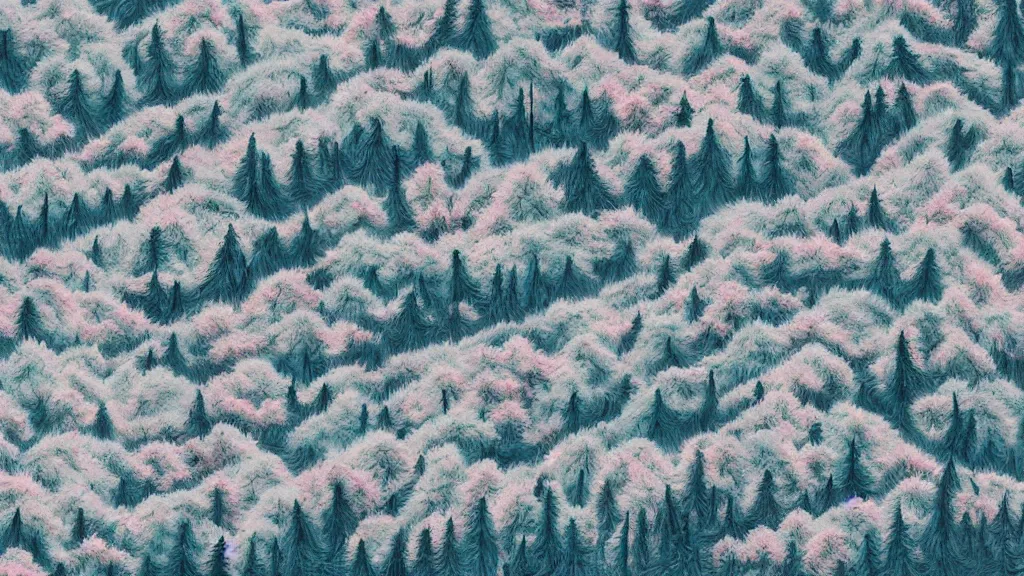 Prompt: a mountainside landscape with winter sakura trees, japan, a collage painting, in the style of wes anderson, lola dupre, david hockney, isolated on negative white space background dark monochrome neon spraypaint accents volumetric octane render