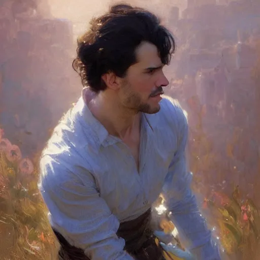 Image similar to detailed cinematic wide shot of beautiful attractive masculine man black hair slim face symettrical face clean skin blue eyes black clothes, ultra realistic, spring light, painting by gaston bussiere, craig mullins, j. c. leyendecker