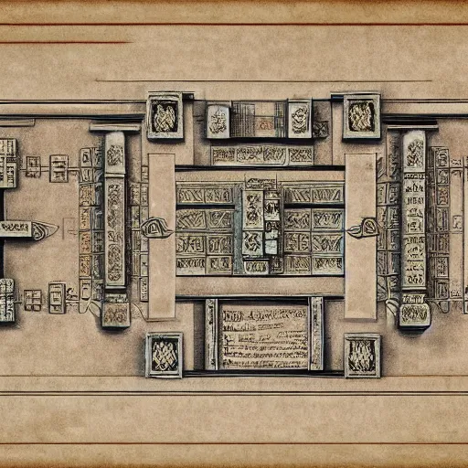 Image similar to detailed schematic for an ancient temple construction, faded parchment, aged, descriptions, highly detailed, 8 k,