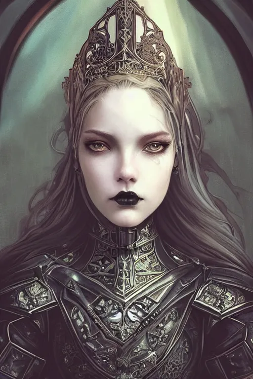 Image similar to beautiful luxury and gothic and victorian and evil young female medieval black armor knight portrait like lisa blackpink+smoky eyes+front face with light flowing hair, ultradetail face, art and illustration by tian zi and craig mullins and WLOP and alphonse mucha, ssci-fi, fantasy, intricate complexity, human structure, hypermaximalist, fantasy character concept, dynamic lighting, neon light, watermark, blurry, hyperrealism 8k