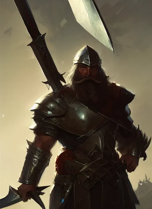 Prompt: epic bearded war commander with gigantic sword and large shield. highly detailed, digital painting, concept art, smooth, sharp focus, illustration, art by greg rutkowski