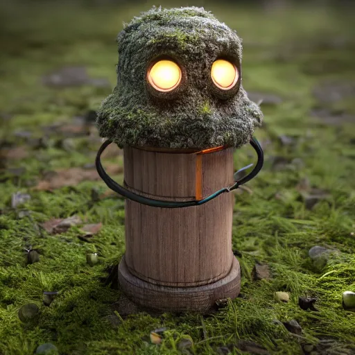Prompt: a mossy humanoid with a wooden lantern as its head!!!!!, 4 k photorealism, trending on artstation, 4 k quality