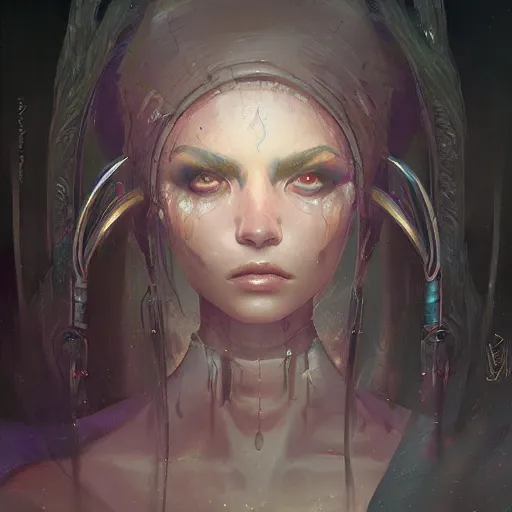 Prompt: a hyperrealistic acrylic painting of a beautiful alien priestess in the style of WLOP and Greg Rutkowski. Epic fantasy art.