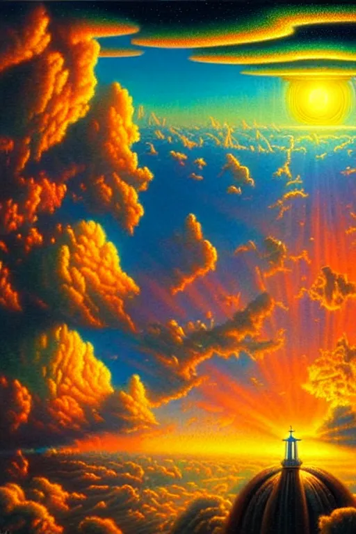 Prompt: a photorealistic detailed cinematic image of a beautiful vibrant iridescent future for human evolution, spiritual science, divinity, utopian, cumulus clouds, ornate landscapes, isometric, by david a. hardy, kinkade, lisa frank, wpa, public works mural, socialist