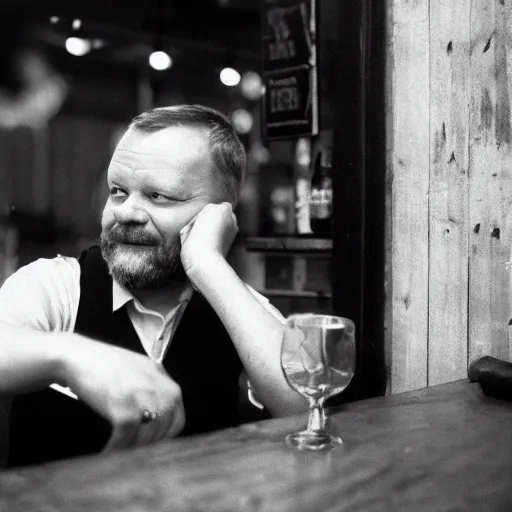 Prompt: lars løkke sitting drunk in the bar, film photo