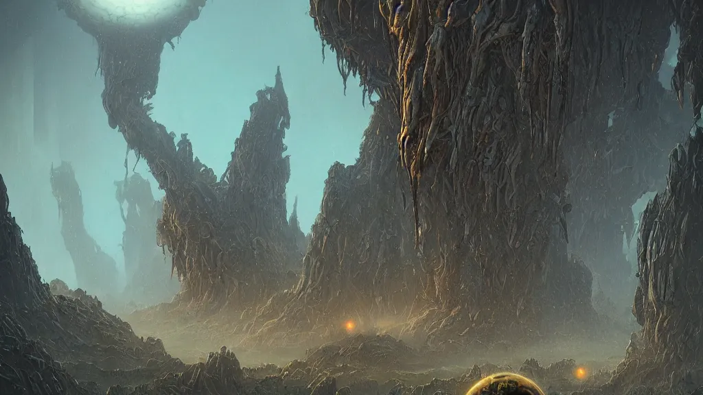 Image similar to eerie atmospheric alien planet with biomechanical plants by les edwards and vincent di fate and anato finnstark, epic cinematic matte painting