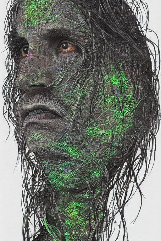 Prompt: dark portrait of one Bioluminescent old shaman, with cracked reaction diffusion semi-transparent skin. multicolored fish scales, closeup. long dark hair with insects and plant leaves. at night, realistic. intricate, very detailed, by alex grey and Moebius