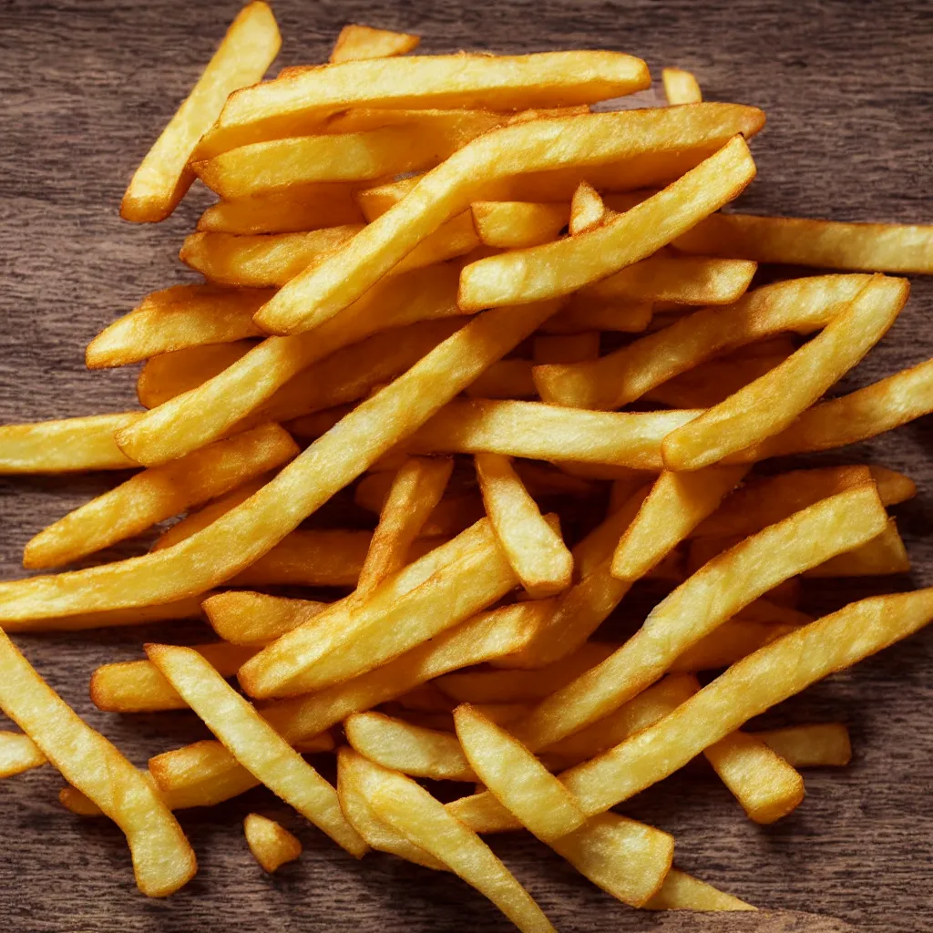 Prompt: close-up view of french fries on top of a wooden table, 8k, high detail, photorealistic, proper shading