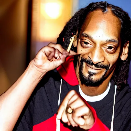 Image similar to Snoop Dog with big eyes eye color red , smiling and holding a joint in his hand