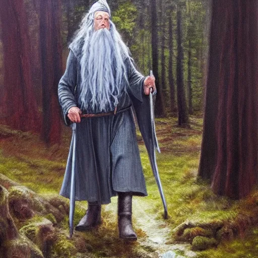Prompt: Gandalf with his long brimmed hat travelling trough the forest, oil painting, very detailed