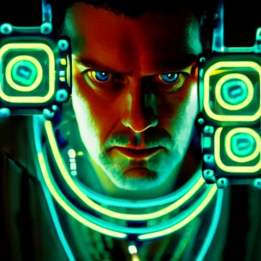 Prompt: cyberpunk cowboy portrait, neon blue glass forehead, transparent, see - through, gears and lights, cinematography by stanley kubrick, intricate, elegant, symmetry