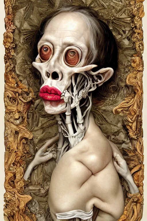 Image similar to Detailed maximalist portrait of an old woman with large lips and eyes, scared, botanical skeletal with extra flesh, HD mixed media, 3D collage, highly detailed and intricate, surreal illustration in the style of Caravaggio, dark art, baroque