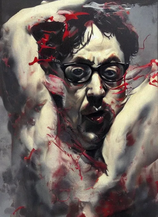 Prompt: bloated red faced sam hyde, straining, bulging eyes, painting by phil hale, fransico goya,'action lines '!!!, graphic style, visible brushstrokes, motion blur, blurry