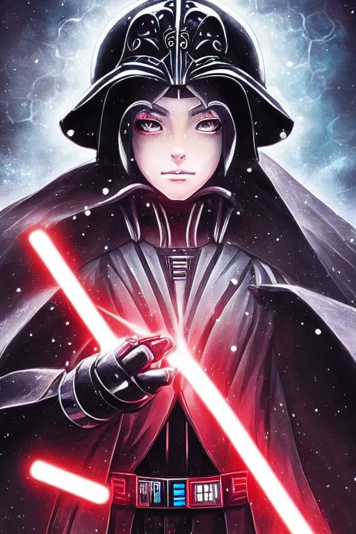 Image similar to anime key visual of a female darth vader goddess!!, intricate, stunning, highly detailed, digital painting, artstation, smooth, hard focus, starwars, sith, dark side, villain, the force, lucas films, illustration, art by artgerm and greg rutkowski and alphonse mucha