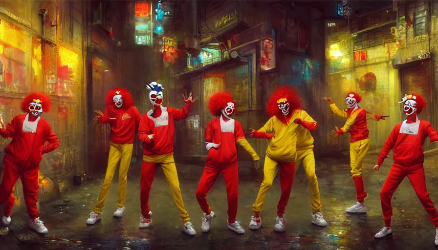 Image similar to highly detailed painting of a group of ronald mcdonalds with red afros, white facepaint, red noses and yellow tracksuits dancing in a cyberpunk alleyway by william turner, by greg rutkowski, by william constable, thick brush strokes and visible paint layers, 4 k resolution, retrowave colour scheme