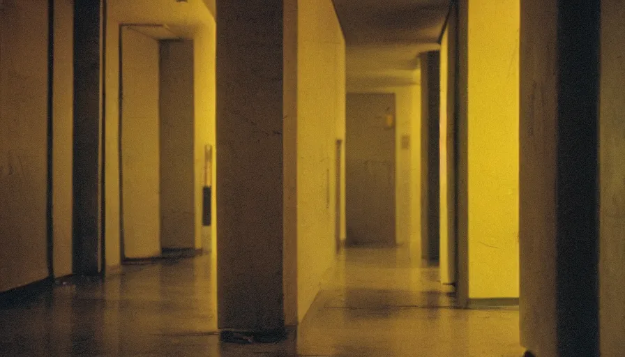 Image similar to 60s movie still of a sovietic stalinist style empty bunker hallway with yellow tiles, cinestill 800t 50mm eastmancolor, liminal Space style, heavy grain