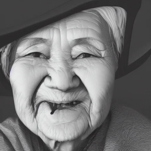 Prompt: closeup of my grandma eating crayons, in the style of mondo grosso killian eng kawase hasui james jean, artstation trending, 8 k, 3 d render, photorealistic, volumetric lighting caustics, black and white, detailed af