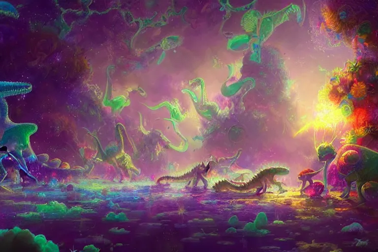 Image similar to a psychedelic realm made entirely out of love and acceptance, astral beings sharing love. filled with cute smiling glowing chibi style pixar baby dinosaurs in the style of greg rutkowski! and wlop and lisa frank! and bob ross!!! and ruan jia, illustration, epic, fantasy, hyper detailed, smooth, unreal engine, sharp focus, ray tracing