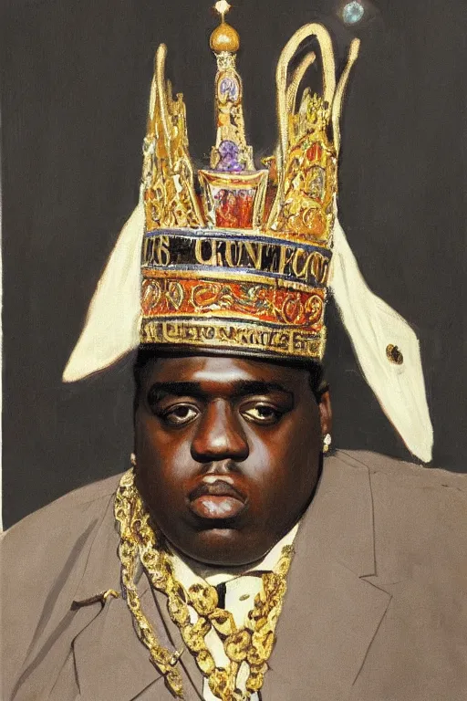 Image similar to ultra unrealistic portrait of rapper biggie smalls standing with cane and with kings crown and royal outfit, european, modern art, eclectic art, gold and colorful, illustration, by ramon casas