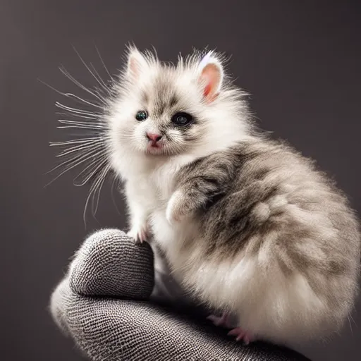Prompt: fluffy miniature kitten cat hamster portrait, aesthetic highly detailed soft fur and paws, professionally shot photorealistic 8k photograph, 35mm Canon EOS R3, rendered in octane, by Natalie Große and Jason Allison
