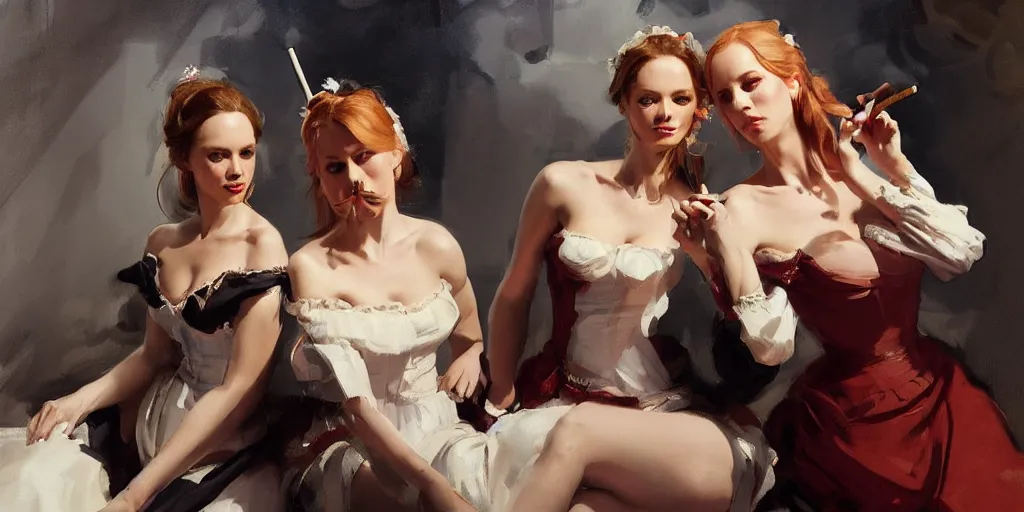 Prompt: portrait of two beautiful gorgeous captivating finnish norwegian swedish glamour models as village maidens smoking cigarette wearing 1 7 th century off the shoulder bodice in dark dungeon. jodhpurs greg manchess painting by sargent and leyendecker, studio ghibli, medium shot asymmetrical intricate elegant illustration hearthstone, by greg rutkowski by greg tocchini by craig mullins