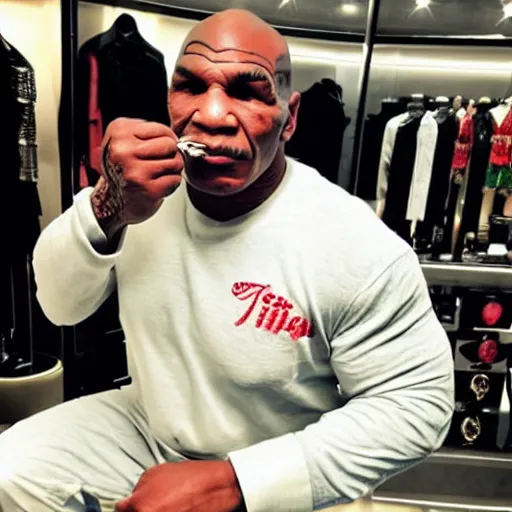 Image similar to mike tyson vaping in a gucci store