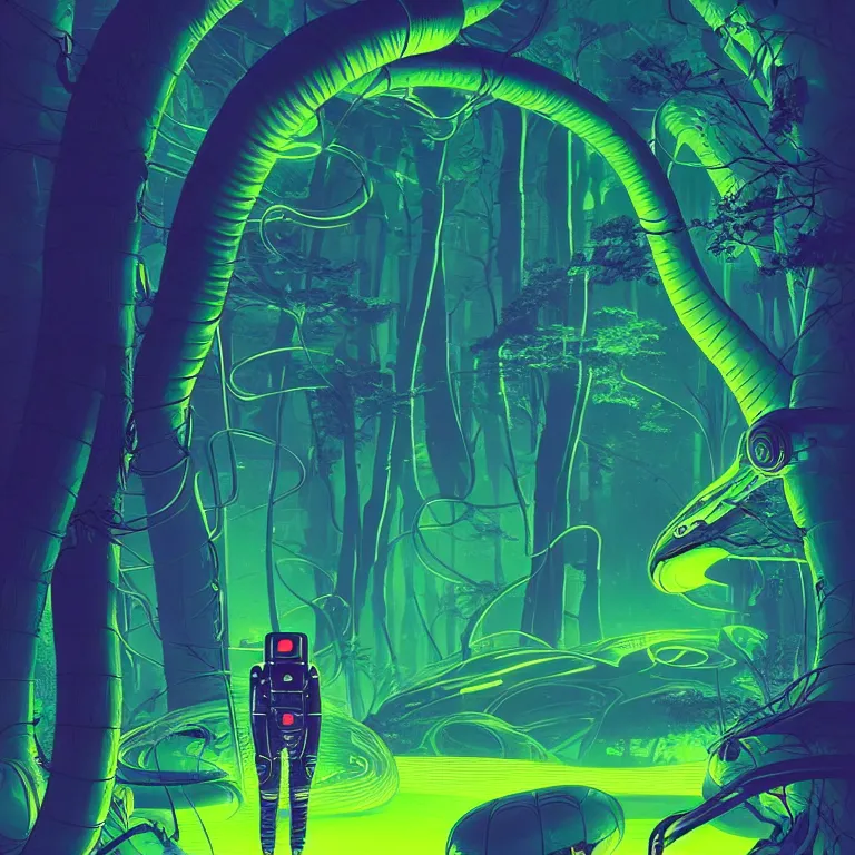 Image similar to illustration of a futuristic astronaut in a neon forest, Giant snake, highly detailed, by James Gilleard and Bruce Pennington