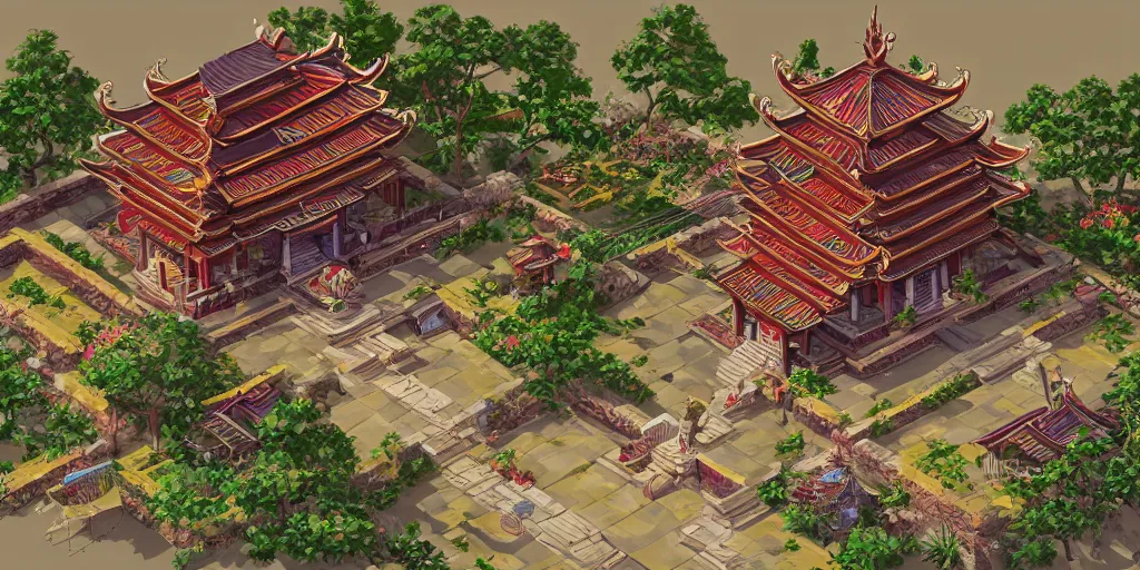 Prompt: vietnamese temple scene, 2 d game art background, sharp, detailed, intricate, game level design, cinematic lighting, trending on artstation, in style of vinodh sivaraja and lam manh, not isometric, not overhead, no people