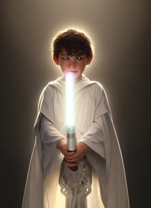 Image similar to perfectly - centered - portrait of a kid wearing white cloak holding light saber, intricate, highly detailed, digital painting, artstation, concept art, smooth, sharp focus, illustration, unreal engine 5, 8 k, art by artgerm and greg rutkowski and alphonse mucha