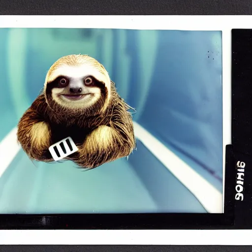 Image similar to photo of a sloth in a go kart on a race track, sloth is holding a banana, polaroid 6 0 0 film