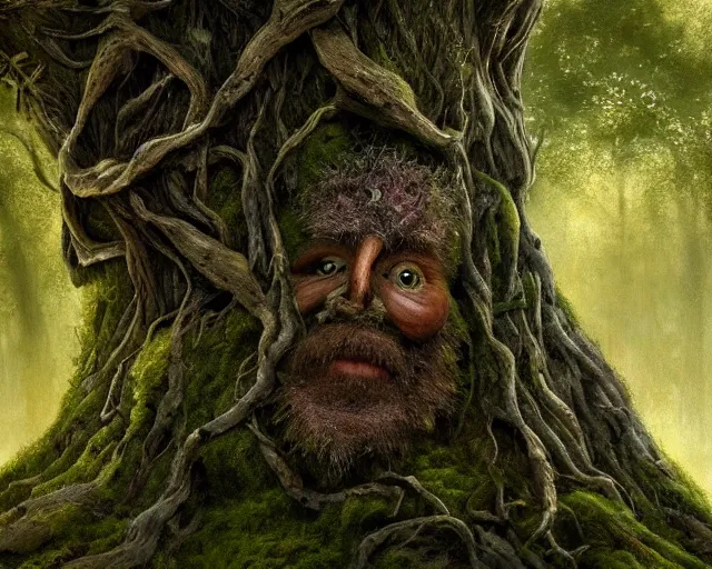 Prompt: a talking oak tree, a face in the bark, nose made of wood, eyes in the bark, fantasy concept art, leaves and moss, digital painting, oil painting, hyperrealistic, beautiful, treebeard, ent, highly detailed, soft lighting, golden sunlight, very detailed eyes, artstation, cgsociety, in the forest, by alan lee, by artgerm