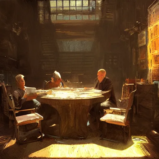 Prompt: the illumatis all sitting at a table, serious, eerie, a single sunbeam coming from the roof, dust illuminated by the sunbeam, serious, lush, vintage decor, craig mullins