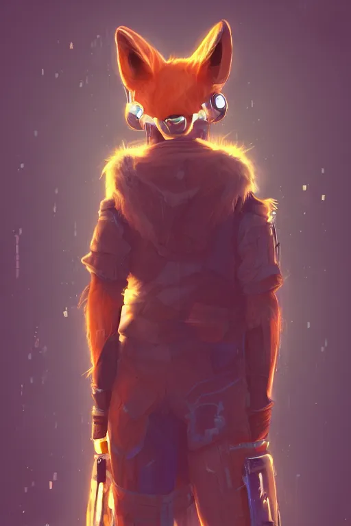 Image similar to an anthropomorphic cyberpunk fox with a fluffy tail, backlighting, trending on artstation, digital art, furry art, trending on furaffinity, fantasy art, by kawacy, view from behind