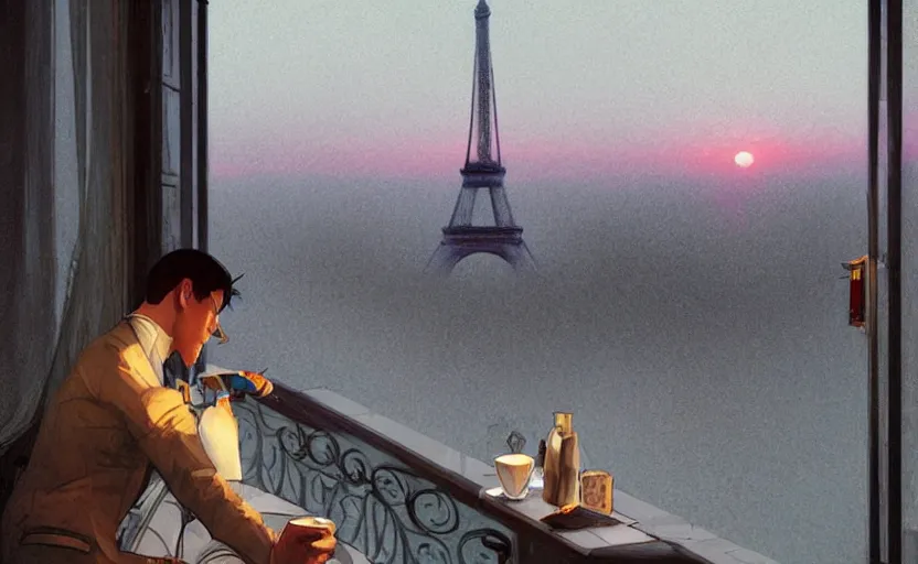 Image similar to elegant man drinking coffee at balcony in france, city with eiffel tower seen behind, moody sunset, late night, detailed characters, by greg rutkowski, alphonse mucha, beeple, sharp focus, digital art, smooth, light refraction, pixiv art, volumetric lighting, makoto shinkai