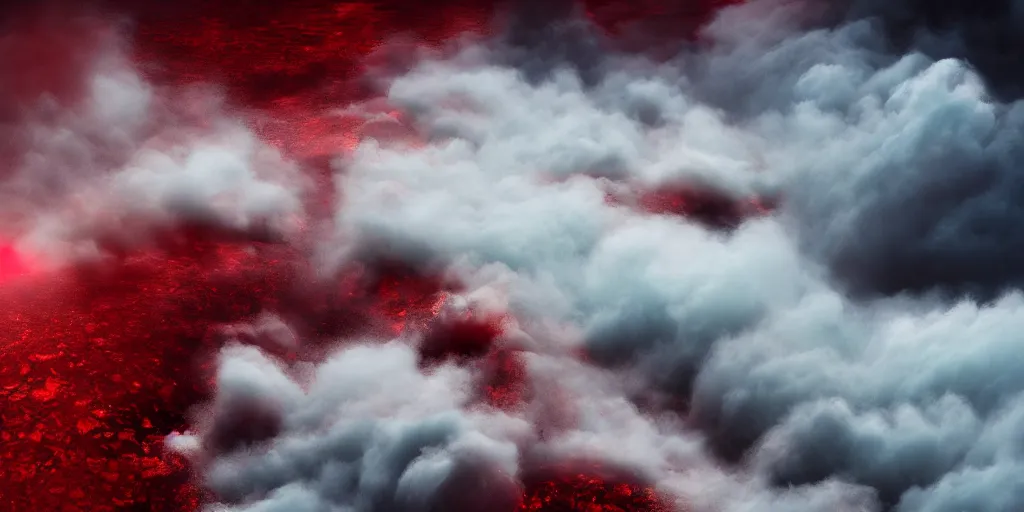 Image similar to a churning, boiling red sea with lots of smoky black and red steam, fantasy digital art, octane render, beautiful composition, trending on artstation, award-winning photograph, masterpiece