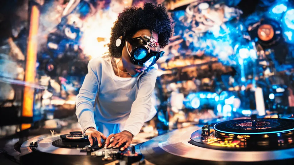 Prompt: a black woman wearing goggles and visor and headphones using an intricate clockwork record player turntable contraption, robot arms, turntablism dj scratching, intricate planetary gears, smoky atmosphere, cinematic, sharp focus, led light strips, bokeh, iridescent, black light, fog machine, hazy, lasers, spotlights, motion blur, color