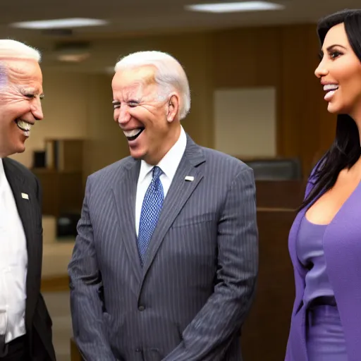 Image similar to stock photo of kim kardashian, joe biden, and bill gates wearing suits and ties laughing in an office building, 8k resolution, full HD, cinematic lighting, award winning, anatomically correct