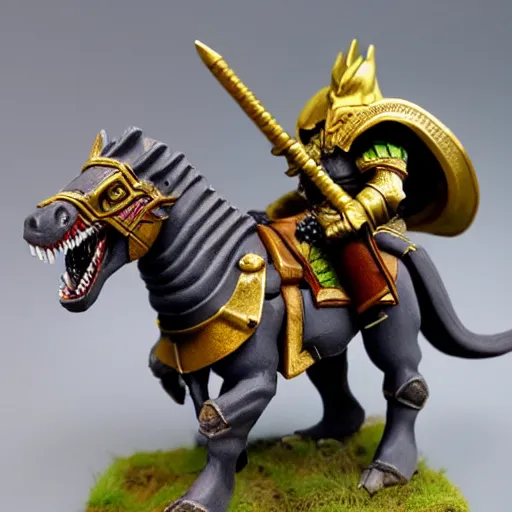 Image similar to Warhammer, D&D, high detail, miniature of medieval knight riding an allosaurus, heavy cavalry, Asgard rising, MyMiniFactory, 28mm scale